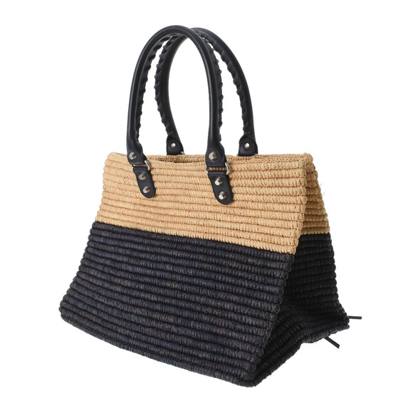 BALENCIAGA Basket Bag Natural Navy Blue Raffia Leather Handbag - Picture 2 of 11